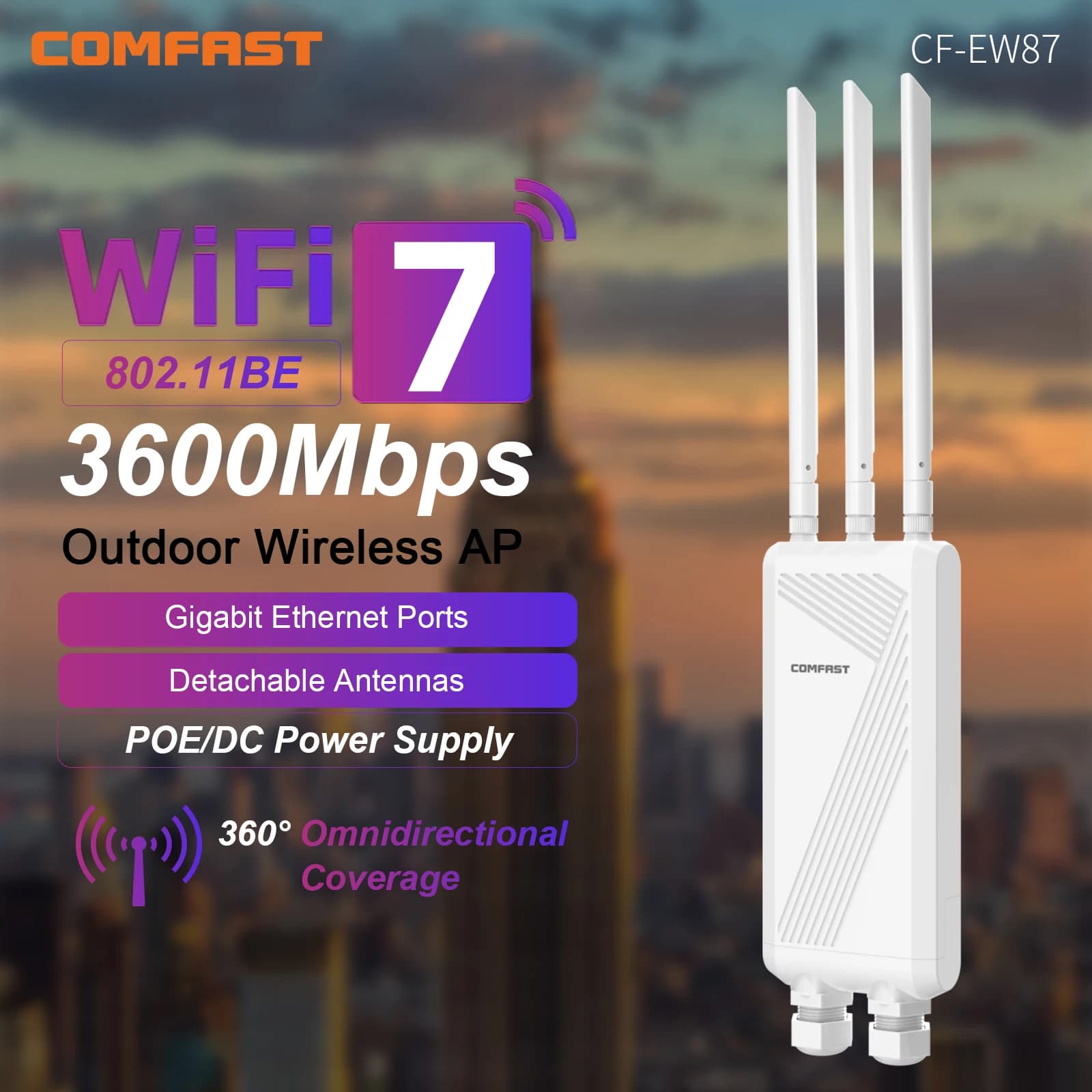 Comfast WiFi7 3600Mbps Punto di accesso wireless CPE esterno AP 2.4GHz 5.8GHz Ripetitore dual band Router con adattatore POE Antenna WiFi