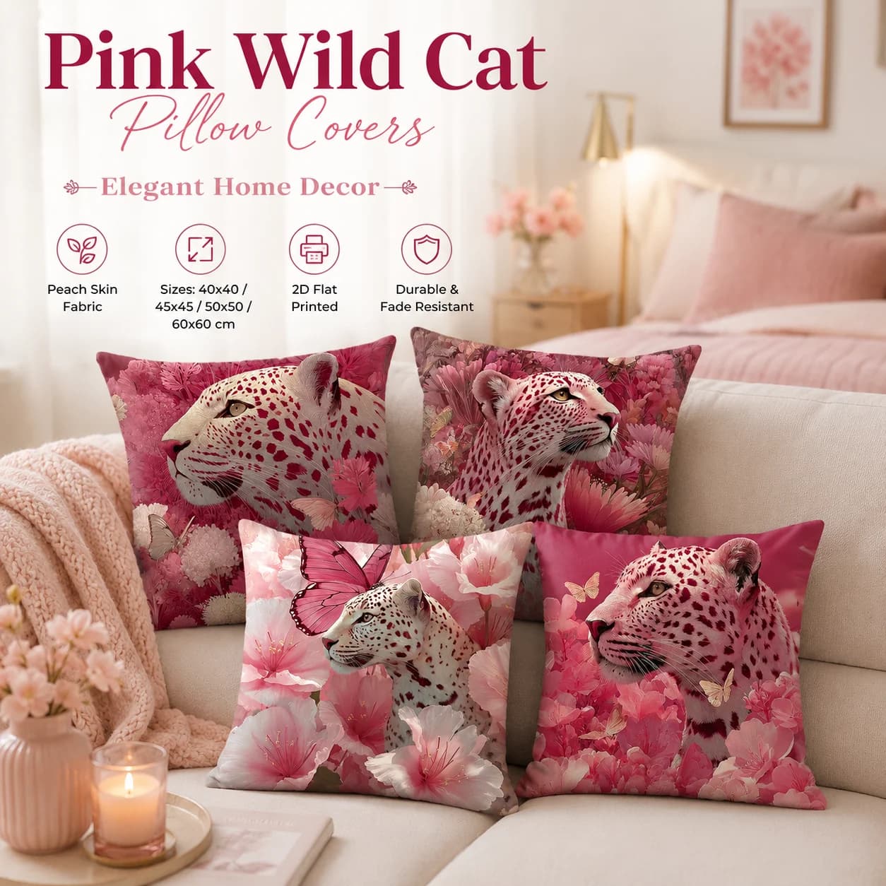 Fodera per cuscino in tessuto effetto pelle di pesca con stampa 2D piatta di leopardo rosa ciliegio, copricuscino decorativo per divano e letto