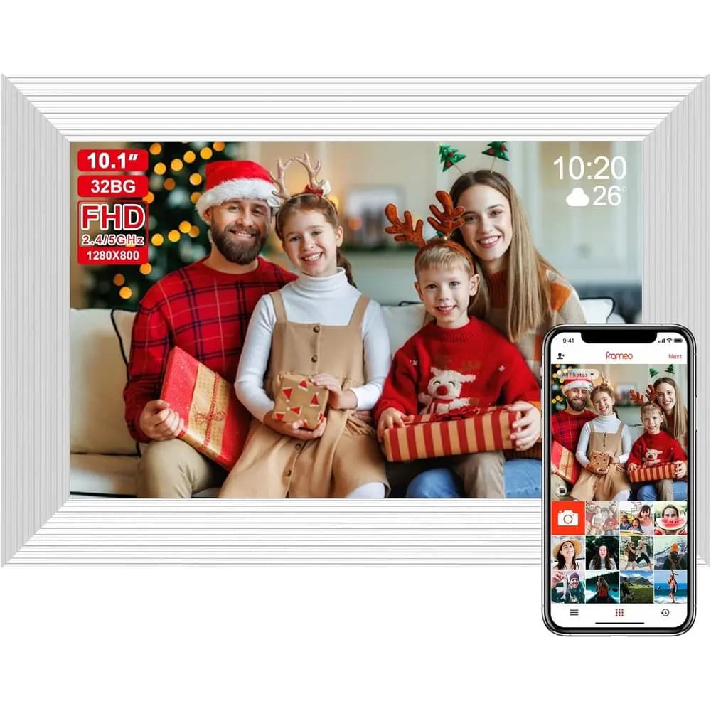 Cornice Digitale Intelligente da 10.1 Pollici con 32GB di Memoria e Slot SD, Schermo Touch con Rotazione Automatica, Ideale per Regali o Arredamento Casa