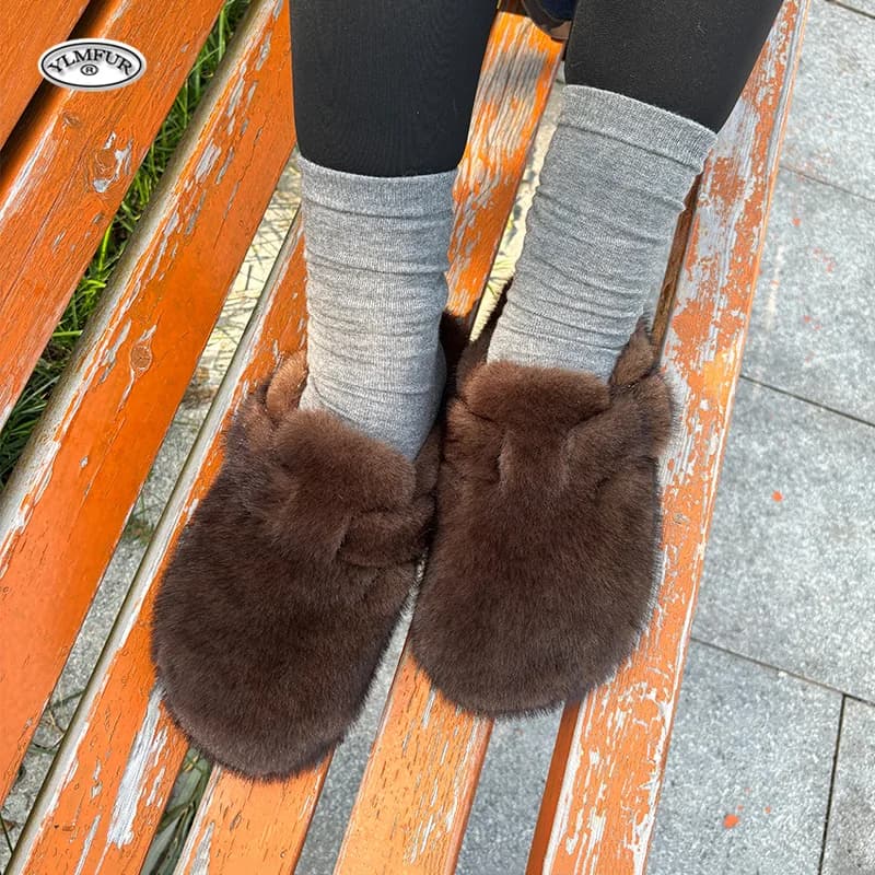 Faux Mink Fur Slippers For Women Comfort Fuzzy Slides Warm Plush Fur Slippers Muller Shoes For Woman Fluffy House Slippers