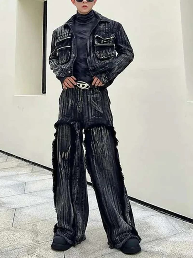 Dyed Hand Painted Denim Two Pieces Set Trend Men Fashion Big Pockets Short Jacket Straight Wide Leg Jeans Autumn New 9C569O