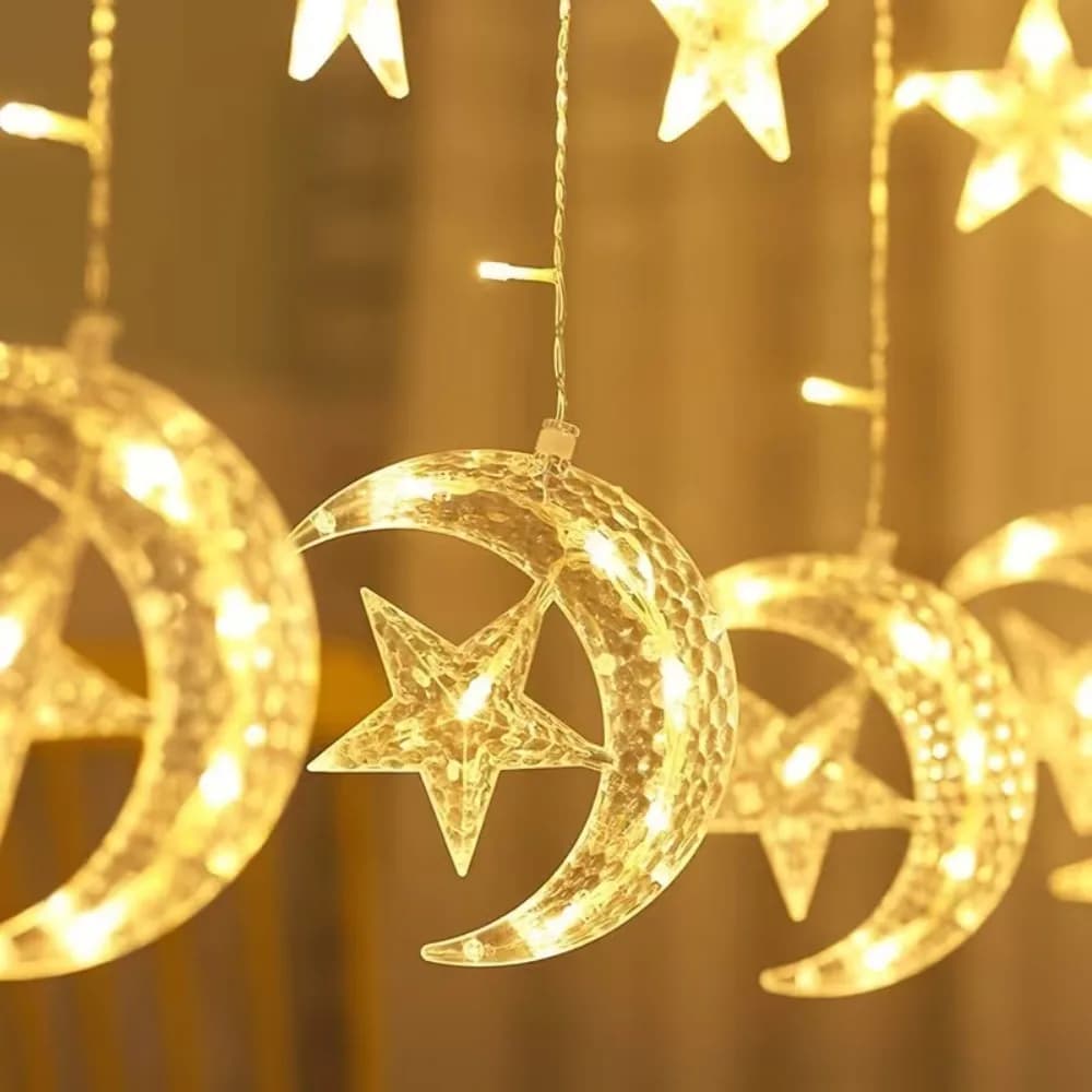 Stringa di luci per tende a forma di luna e stella da 120 LED, lucine da 137,8 pollici con funzionamento a batteria, utilizzata per Ramadan, matrimoni, decorazioni per la camera