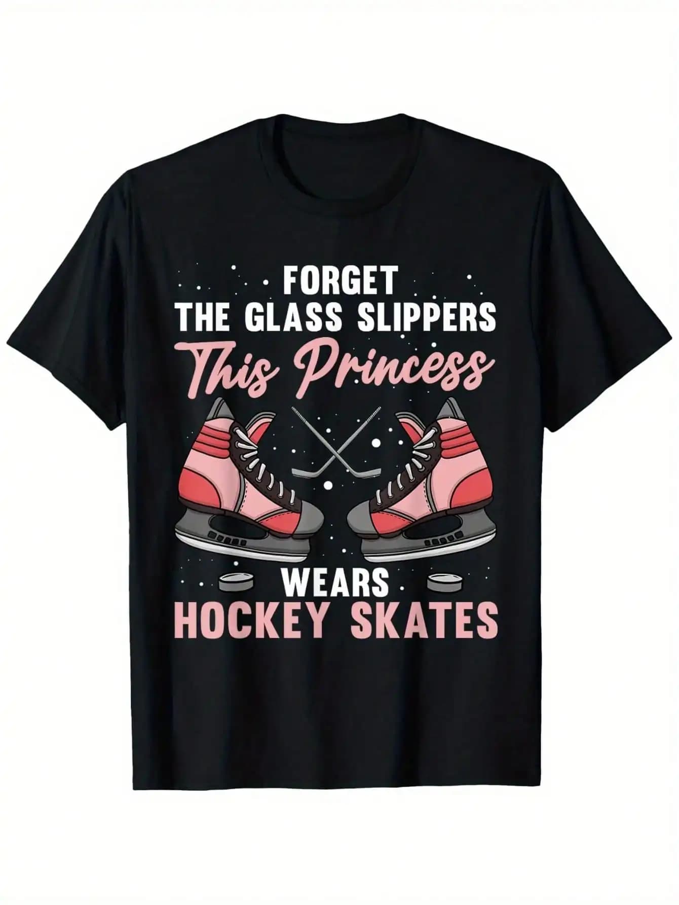 Divertente T-Shirt con Grafica di Hockey su Ghiaccio per Ragazze e Donne, 'Dimentica le Scarpette di Cristallo, Questa Principessa Indossa Pattini da Hockey', Design in Cotone Nero
