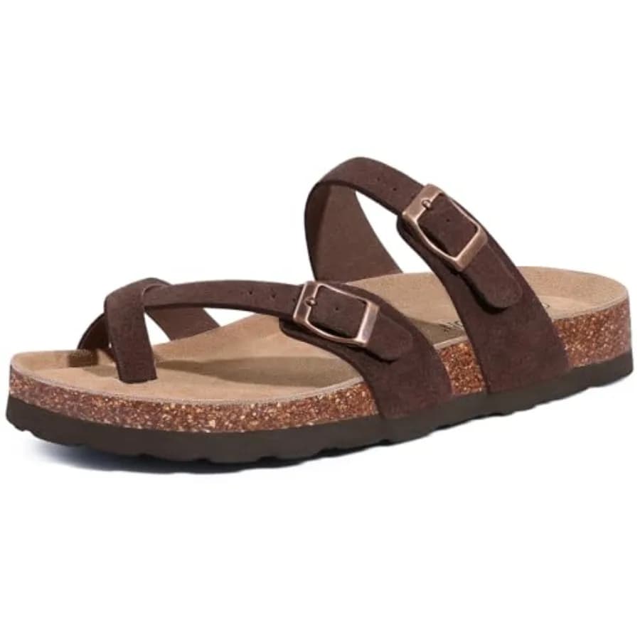 Sandali da donna Litfun in vera pelle scamosciata con plantare in sughero, comodi ciabatte estive con fibbia regolabile