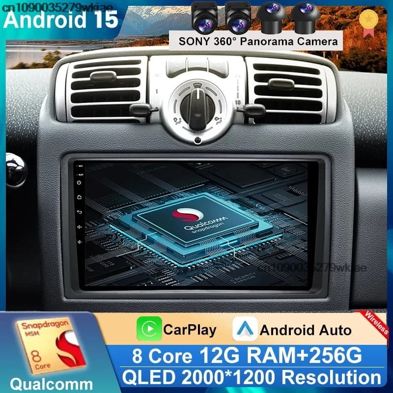 9 "2Din Android 15 Autoradio Lettore Video Multimediale Per Smart Fortwo 451 2005 - 2010 Navigazione GPS Carplay Bluetooth 4G
