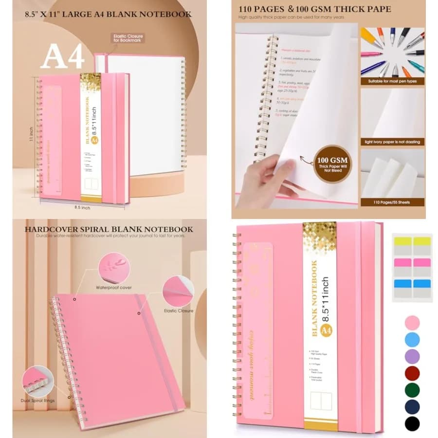 Blank Spiral Notebook Journal 8.5 x 11, A4 Large Sketch Book for Women Men, 100 GSM Blank Paper Drawing Notebook, Plastic Hardc