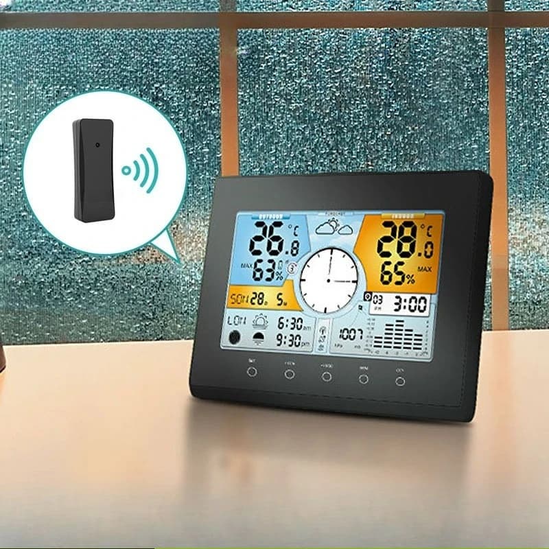 Multifunctional thermometer with color screen for interior and exterior, weather forecast, weather alarm, display with calendar and time.