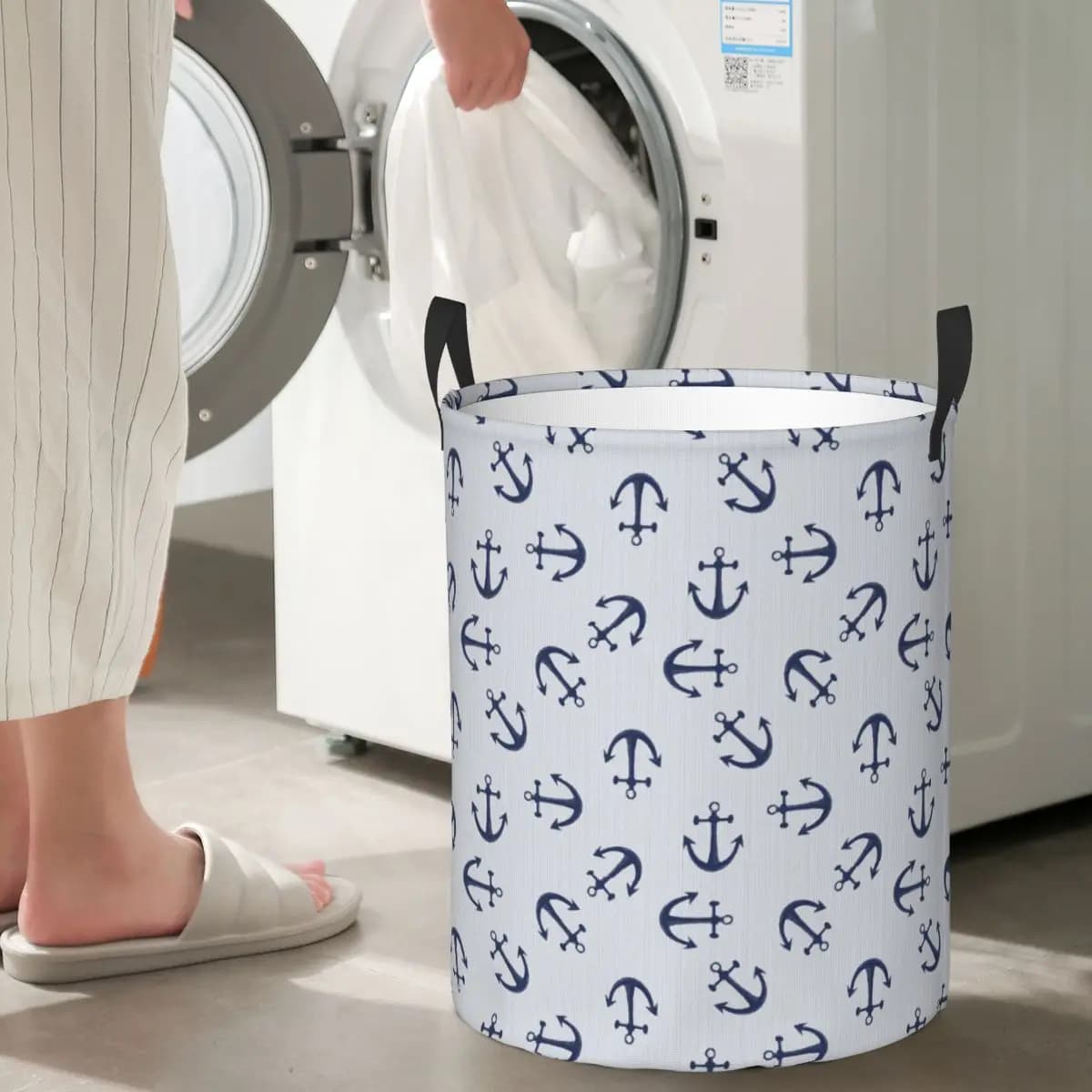 Sea model of blue anchors on baskets for foldable linen light gray Clothes dirty toys basket holders bag for organizer for the house