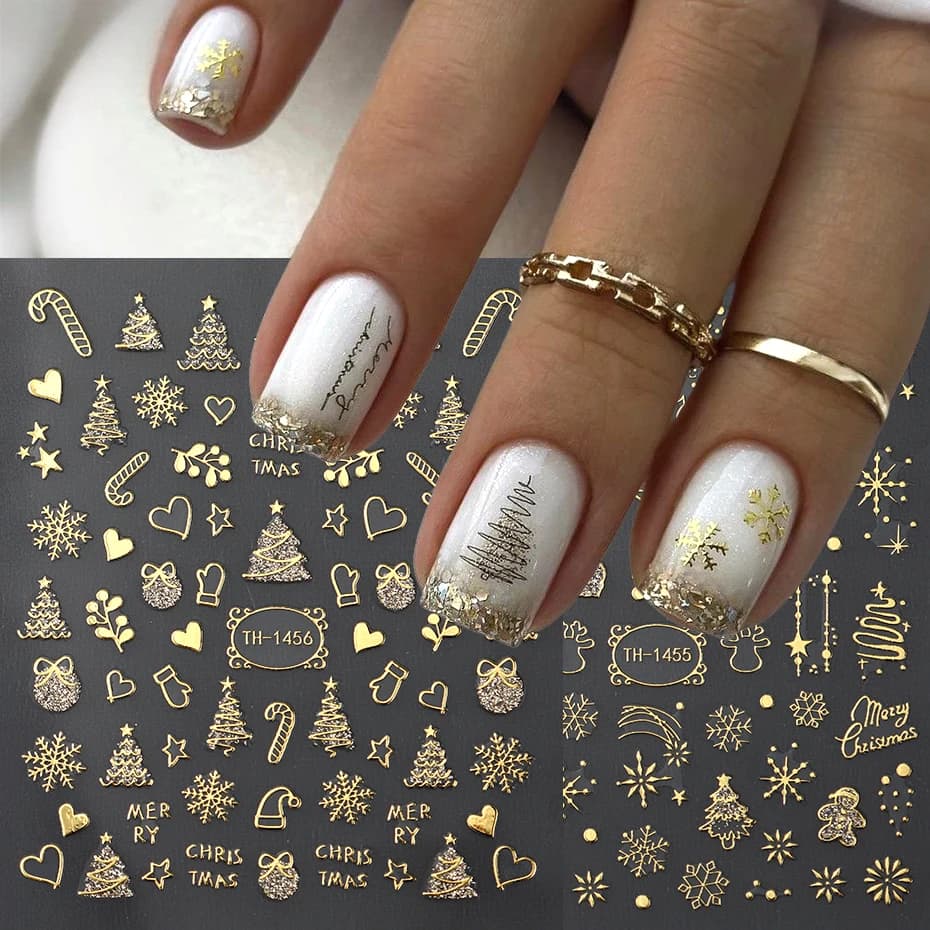 2 pezzi oro Natale cartone animato nail art adesivi decalcomania fiocco di neve globo di neve bastoncino di zucchero pupazzo di neve cuore stella cursori per unghie decorazioni