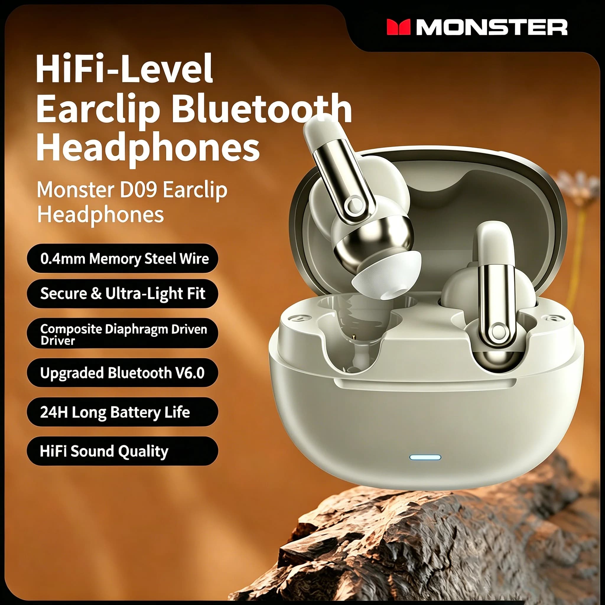 Monster Wireless Earbuds, Ear-Clip Style, for Music & Gaming, Long Battery Life, Call Noise Cancellation, New Model