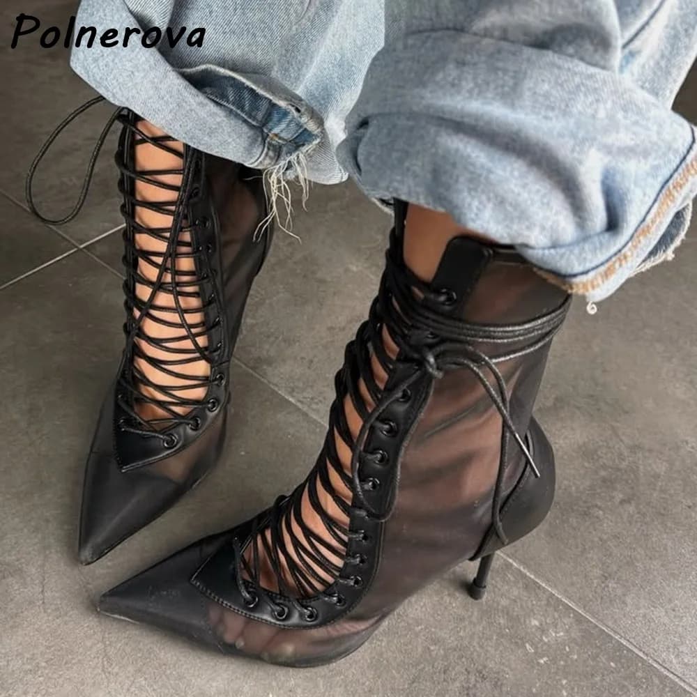 Black Air Mesh Sandals Boots Hollow Cross Tied Lace Up Thin Heels Pointy Toes Solid Shoes Women's All Match Stiletto Shoes