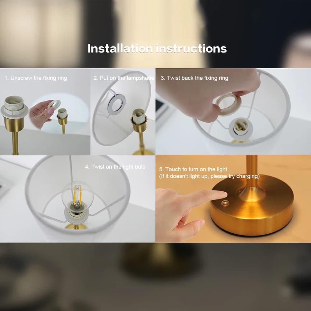 Cordless LED Metal Table Lamp USB Rechargeable 5200mAh Portable Fabric Shade Desk Lamp Touch Control Metal Base Small Table Lamp