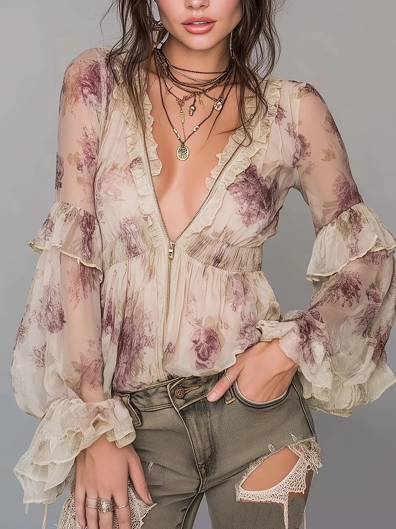 Camicetta Floreale da Donna con Scollo a V Profondo, Zip Frontale, Volant, Maniche Svasate, Top Vintage Boho Casual Elegante con Vita Affusolata