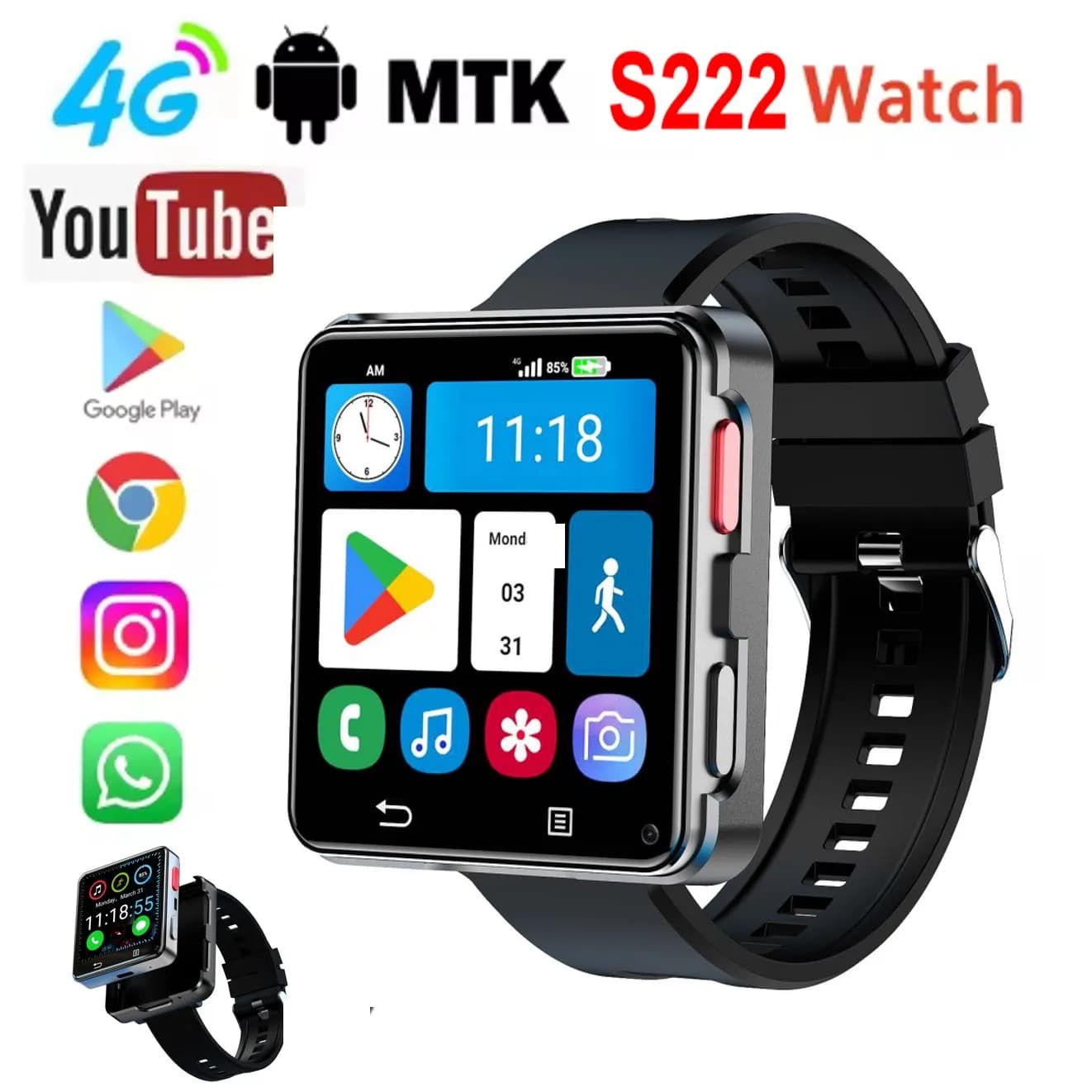 S222 Smart Watch 4G SI-M Card 4GB RAM64GB ROM MTK6761 Android 11.0 With 800W Dual Ca meraWI FIG-PS 2.64" Large Screen Smartwach