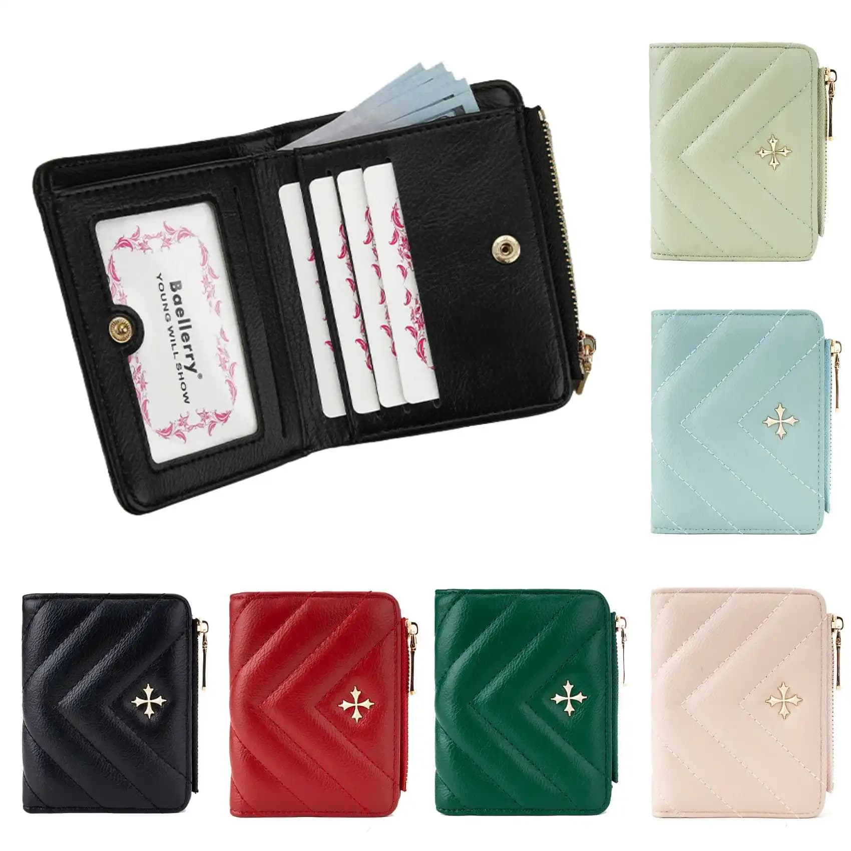 Portafoglio corto da donna con bottone a cerniera con motivo incrociato portamonete in pelle trapuntata moda Multi-Card