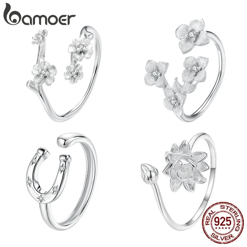 Bamoer Anello aperto a ferro di cavallo in argento sterling 925 con fiore di prugna per le donne Anello da dito regolabile Regali creativi di gioielleria raffinata