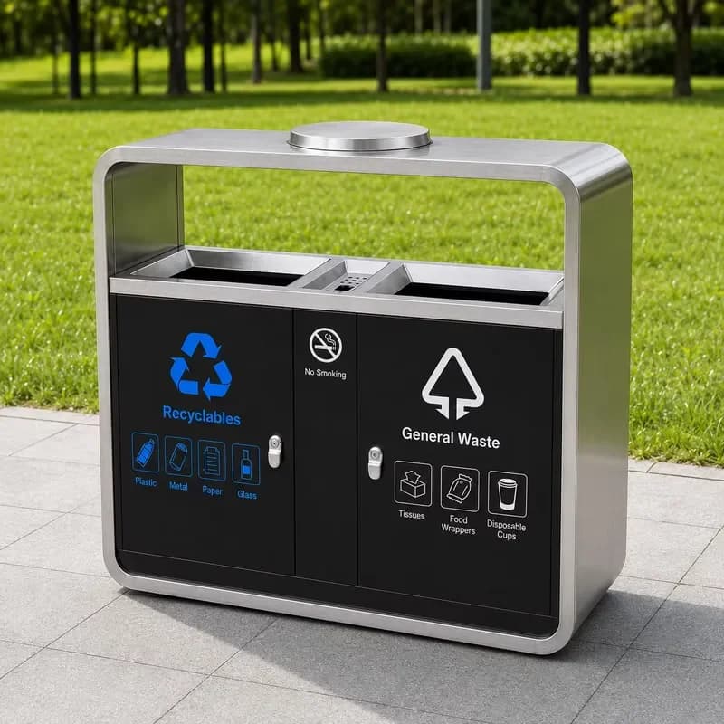 Outdoor Stainless Steel Dual Compartment Trash Bin with Ashtray Recycling Waste Station for Park Street Hotel Public Use