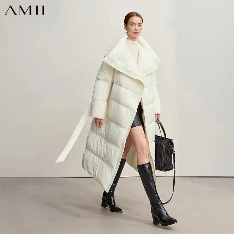Amii Down Coats 2026 Winter New Office Lady With Belt Warm Versatile Outerwear Solid Loose Down Jacket Women Long Top 12524055