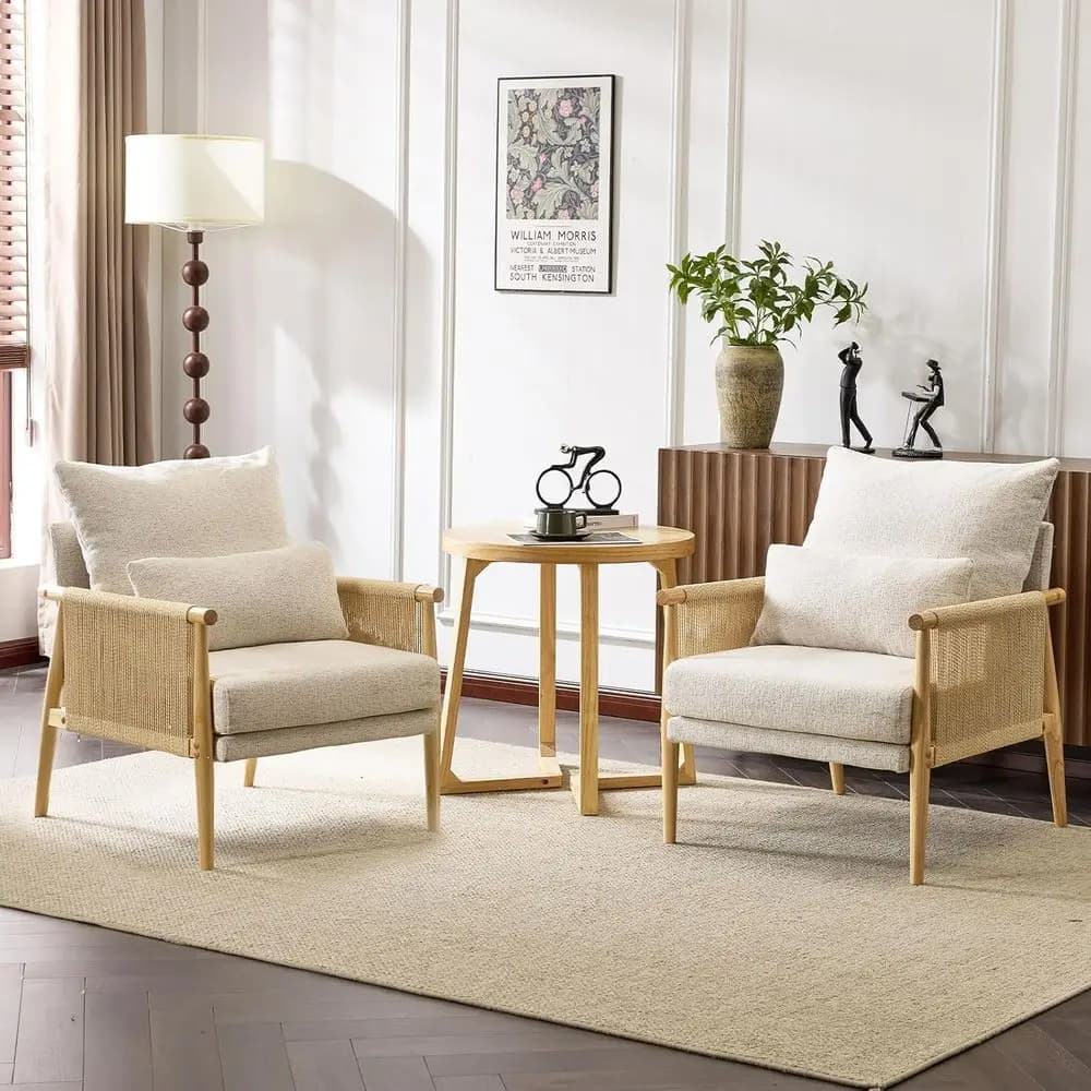 Set di 2 Poltrone Boho con Dettagli Intrecciati, Poltrone in Stile Moderno con Braccioli in Legno Massello, Comode Poltrone Lounge con Cuscino Lombare