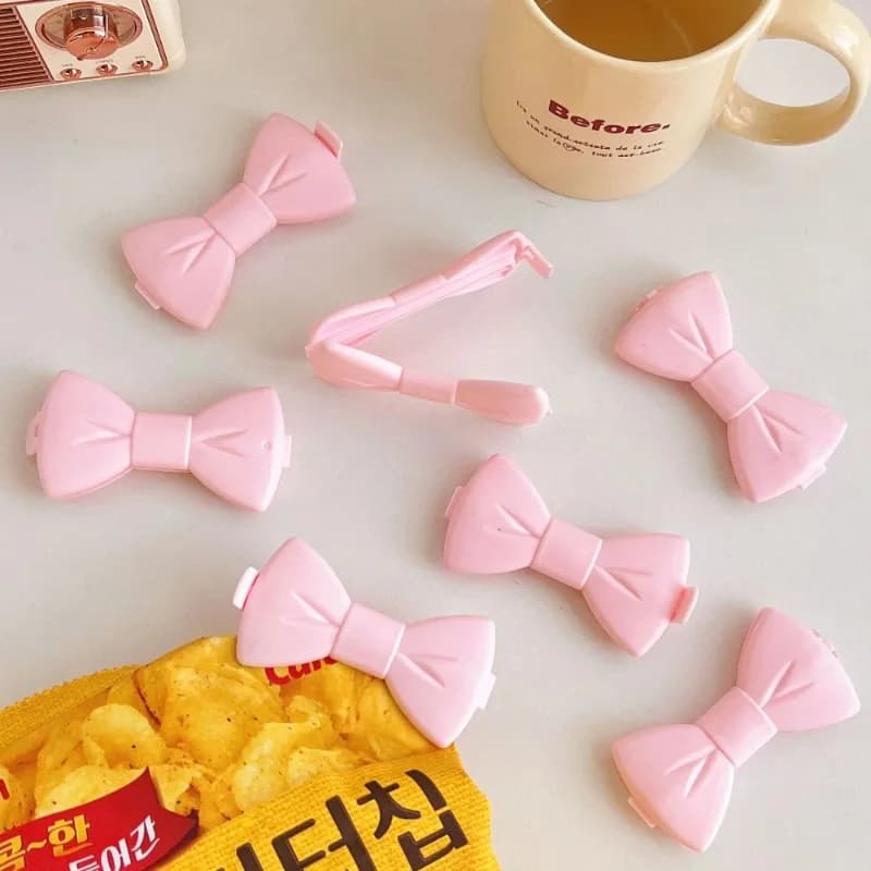 Clip per sigillare alimenti Kawaii, 5 pezzi - Clip per sacchetti a prova di umidità con fiocco rosa per la conservazione in cucina, clip in plastica riutilizzabili con beccuccio di scarico