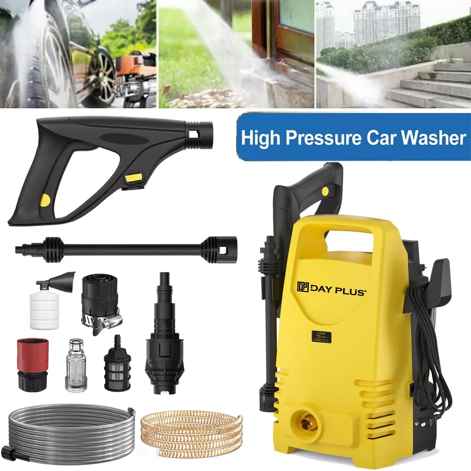 Idropulitrice elettrica ad alta pressione da 1600 W, 120 bar, 380 l/h Lancia regolabile da 0 a 180 ° , Tubo flessibile da 7 m, per terreni, giardini, automobili