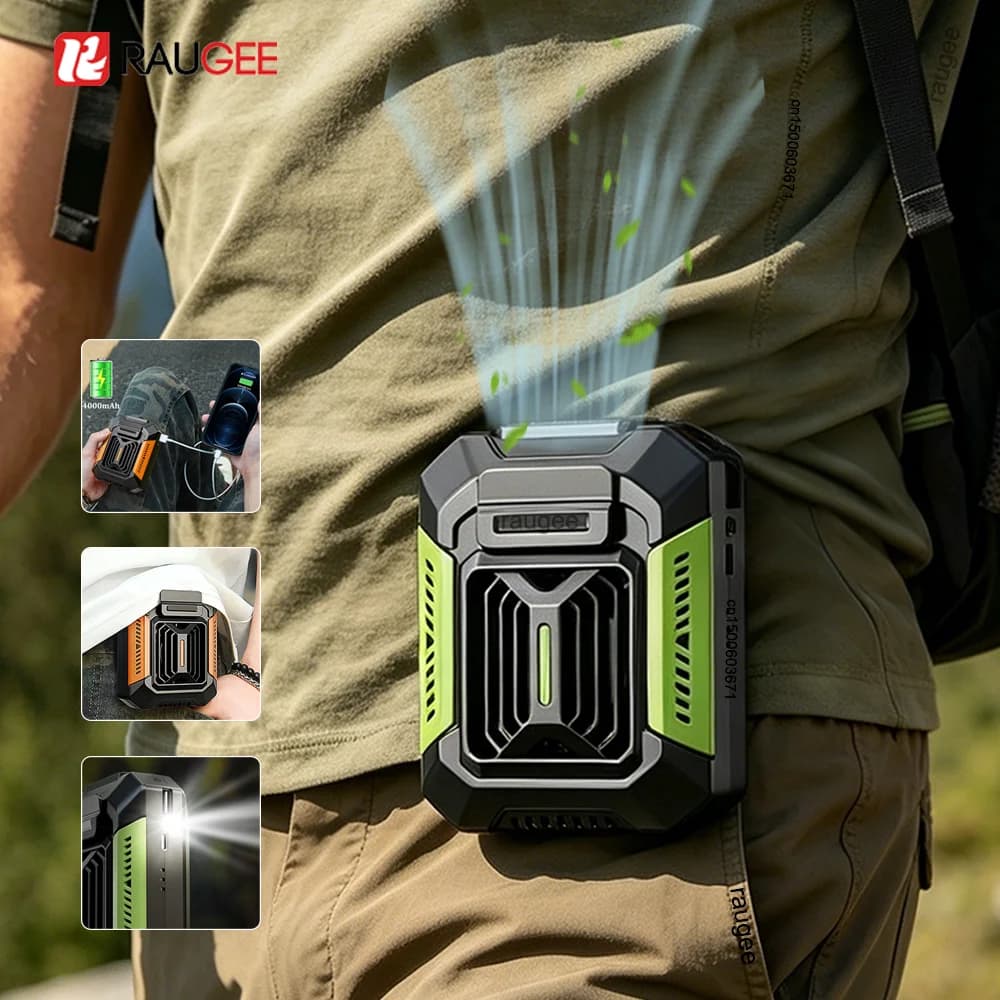 Waist Fan 4000mAh Portable Waist Clip Fan Outdoor Mini Hanging Neck Fan USB Air Cooler Portable Camping Fan with PowerBank Light