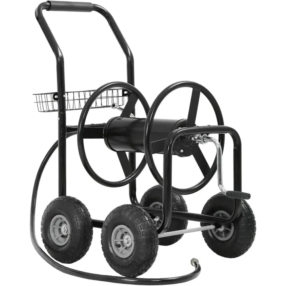 Carrello Portatile a 4 Ruote per Tubo da 300 Piedi 5/8, in Acciaio Resistente con Cesto Portaoggetti per Giardino e Cortile