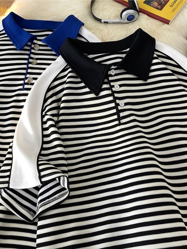 Men's Shirt Summer Thin Loose Short Sleeve Turn-down Collar Striped T-shirt Japanese Style Trendy Brand Youth Top