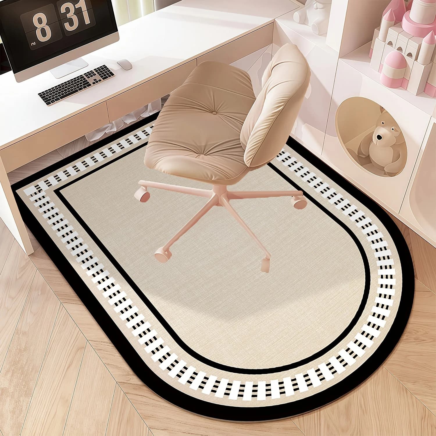 French Oval Desk Carpet Non Slip Solid Wood Floor Protector Mat for Study Home Office Rolling Swivel Chair Decor Rug
