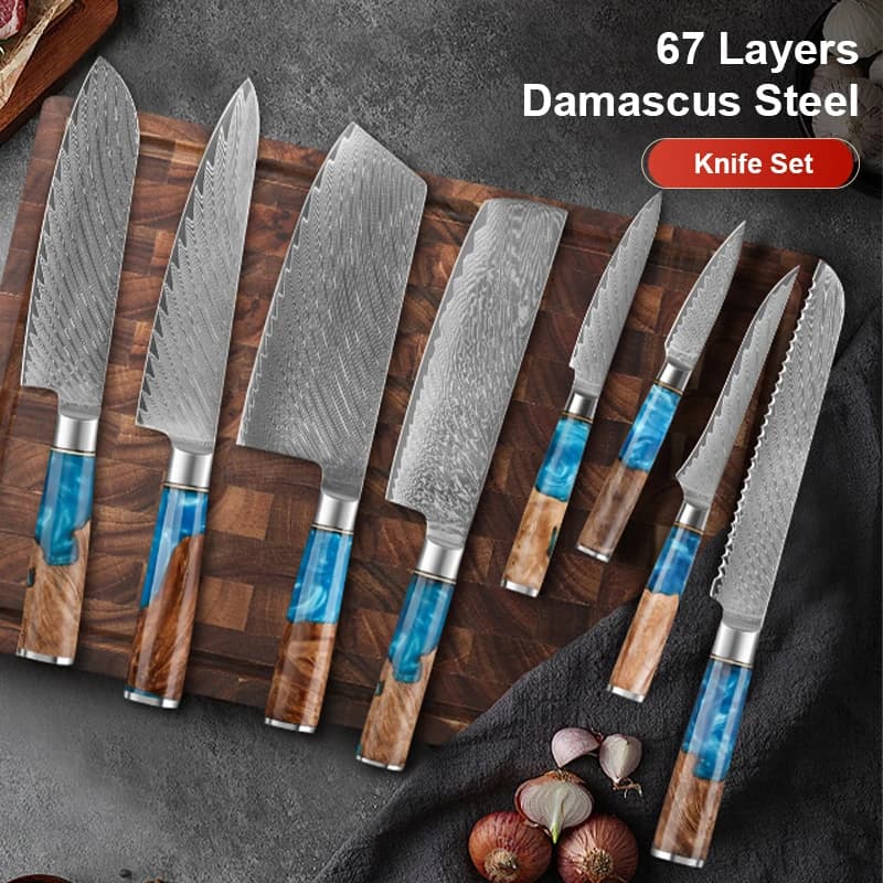Kitchen knives set 1-8 pieces - Set of chef knives in steel Damascus, cutting knife, bread knife, handle in blue resin