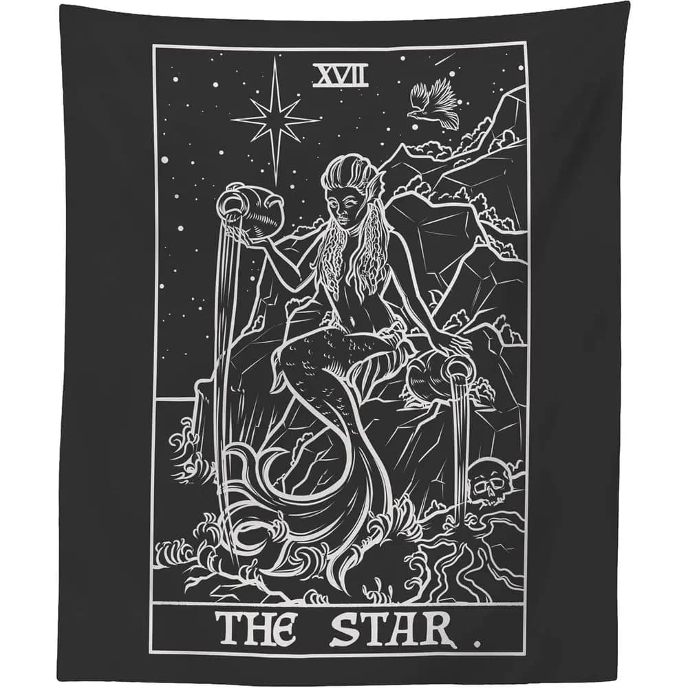 Tapestry con Carte dei Tarocchi The Star (Bianco e Nero) - Sirena Gotica Spaventosa - Decorazione Murale Gotica per Halloween (150 x 130 cm)