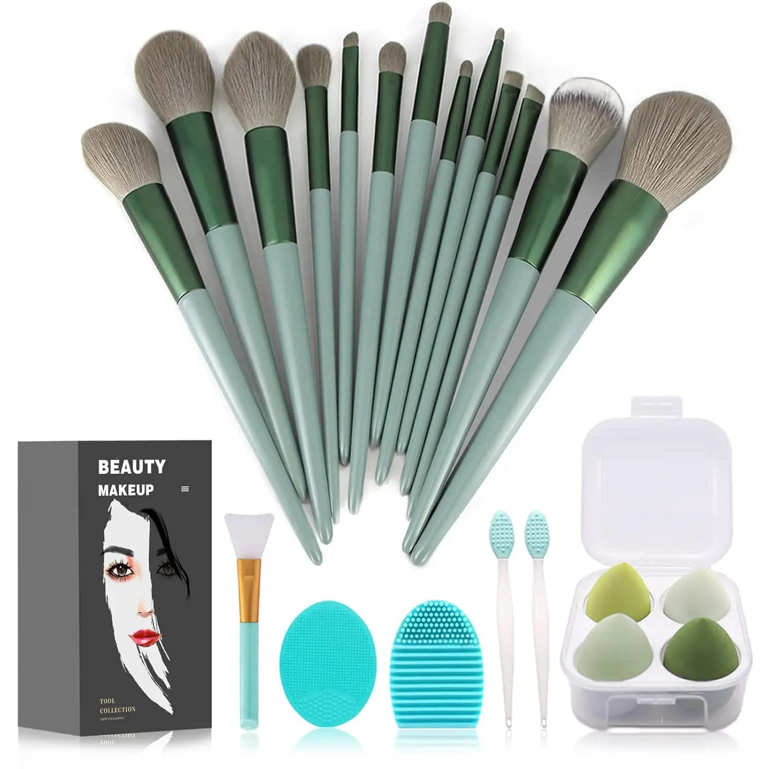Set di 22 Pennelli per il Trucco con Pennello per Fondotinta, Pennello per Ombretto, Borsa Portaoggetti, Spugna, Strumenti in Silicone e Detergente per Pennelli