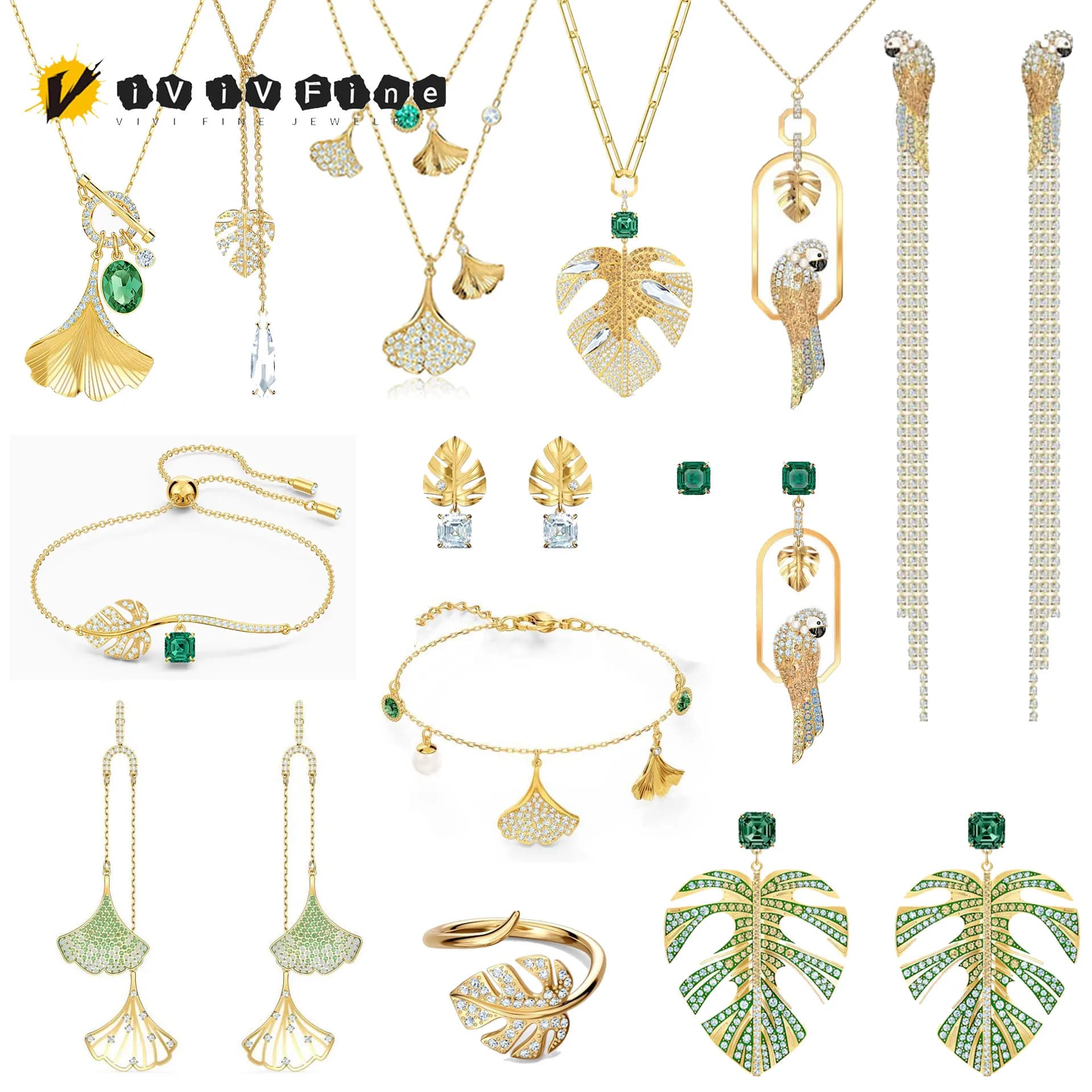 Originale 2025 Elegante set di gioielleria in cristallo verde per le donne Collana in oro a forma di ventaglio con piccole foglie Orecchini Bracciali Anelli