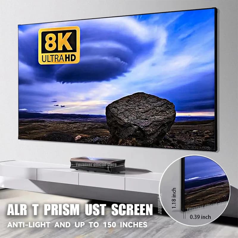 ALR T Prism Luce ambientale che rifiuta lo schermo del proiettore con cornice di fascia alta UST da 130 pollici per proiettore a lancio ultra corto 8K 3D