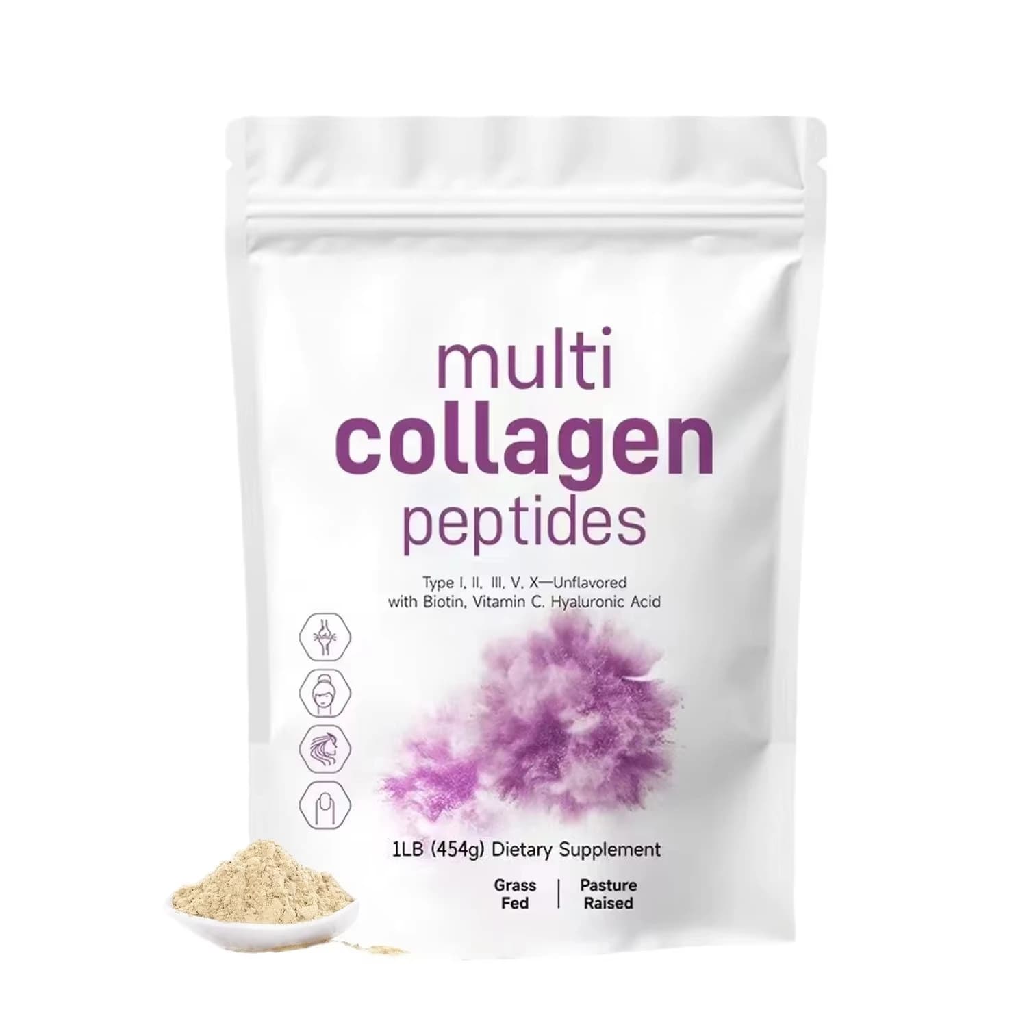 454G multi collagen peptide powder - Protein supplement, Type I, II, III, V, X with hyaluronic acid, vitamin C, mix in drinks