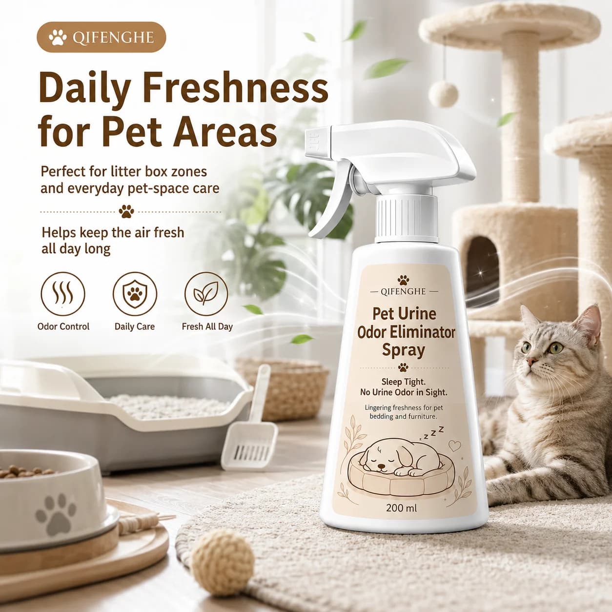 Pet Odor Eliminator Spray 200ml for Carpet, Fabric & Litter Box, No Residue Smell, Long Lasting Freshness