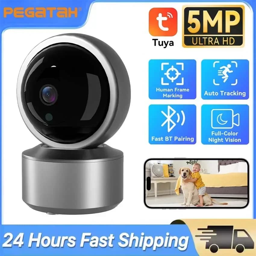 Telecamera di Sicurezza WiFi Tuya Smart 5MP per Interni, Baby Monitor, Visione Notturna IR, 355 ° Telecamera IP PTZ con Tracciamento Automatico e Audio Bidirezionale