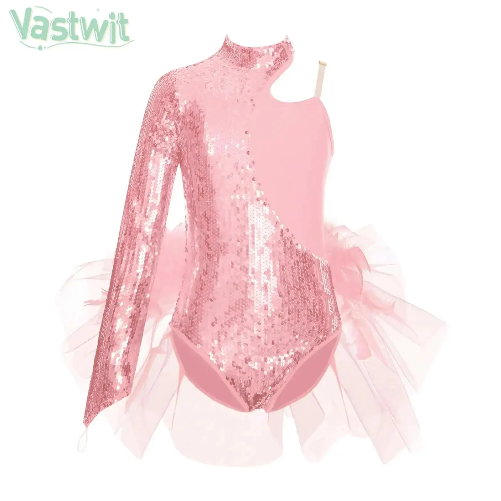 Vestito da pattinaggio di figura per ragazze Balletto Danza Tutu Ginnastica Body con paillettes lucide Piume con gonna Body Performance Dancewear