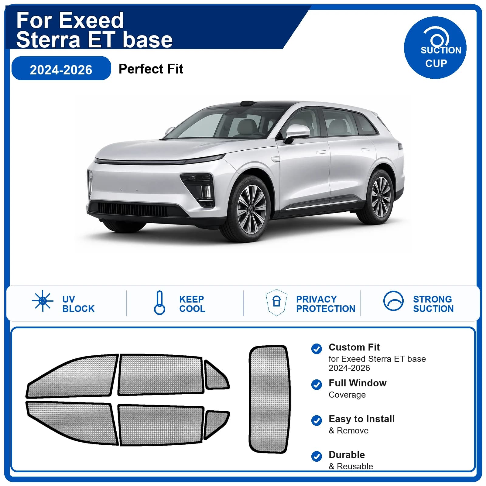 For Exeed Sterra ET base 2024-2026 Custom Full Set Windshield Sun Shade Aluminum Foil Heat Insulation Anti UV Foldable