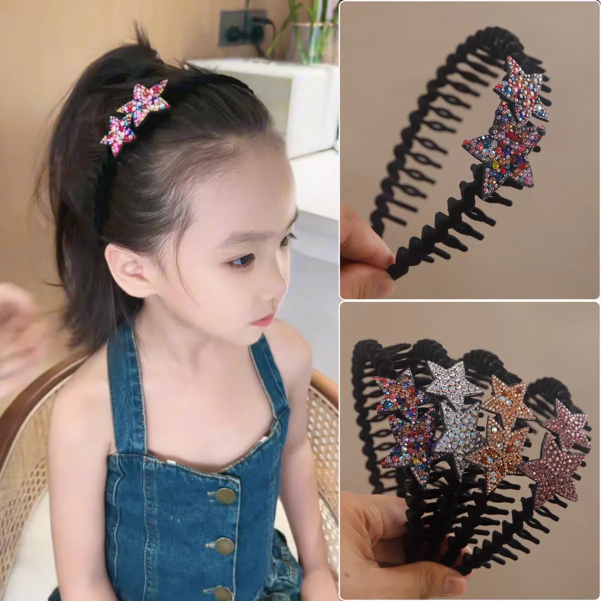 Fascia per capelli floccata con stella di strass Artefatto per disposizione di frangia retrò da donna con denti per capelli Accessori per capelli con fascia antiscivolo