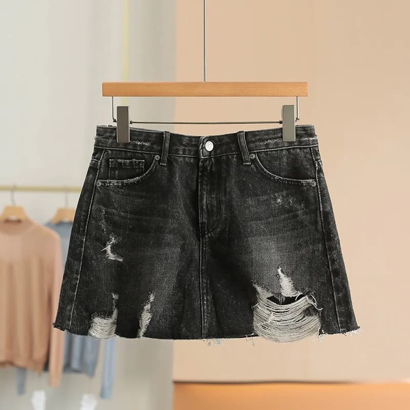 Fashionable Denim Skirt with Hole Design Prevents Exposure Spicy Girl Spring New Brand Button Women's Clothing 371