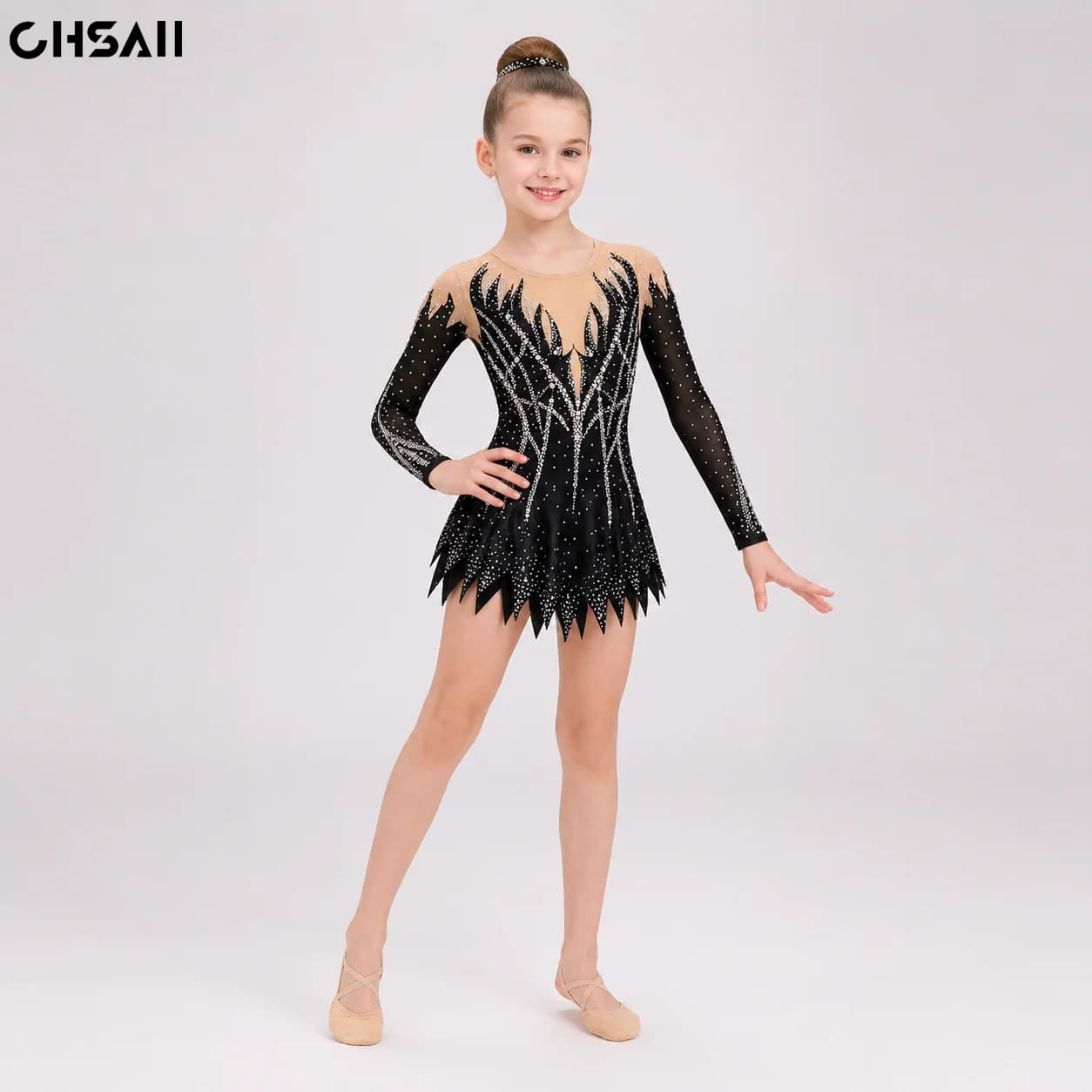 Girls Kids Black Rhinestone Figure Skating Dress Long Sleeve Nude Mesh Gymnastics Leotard Dance Competition Costume Stage Outfit