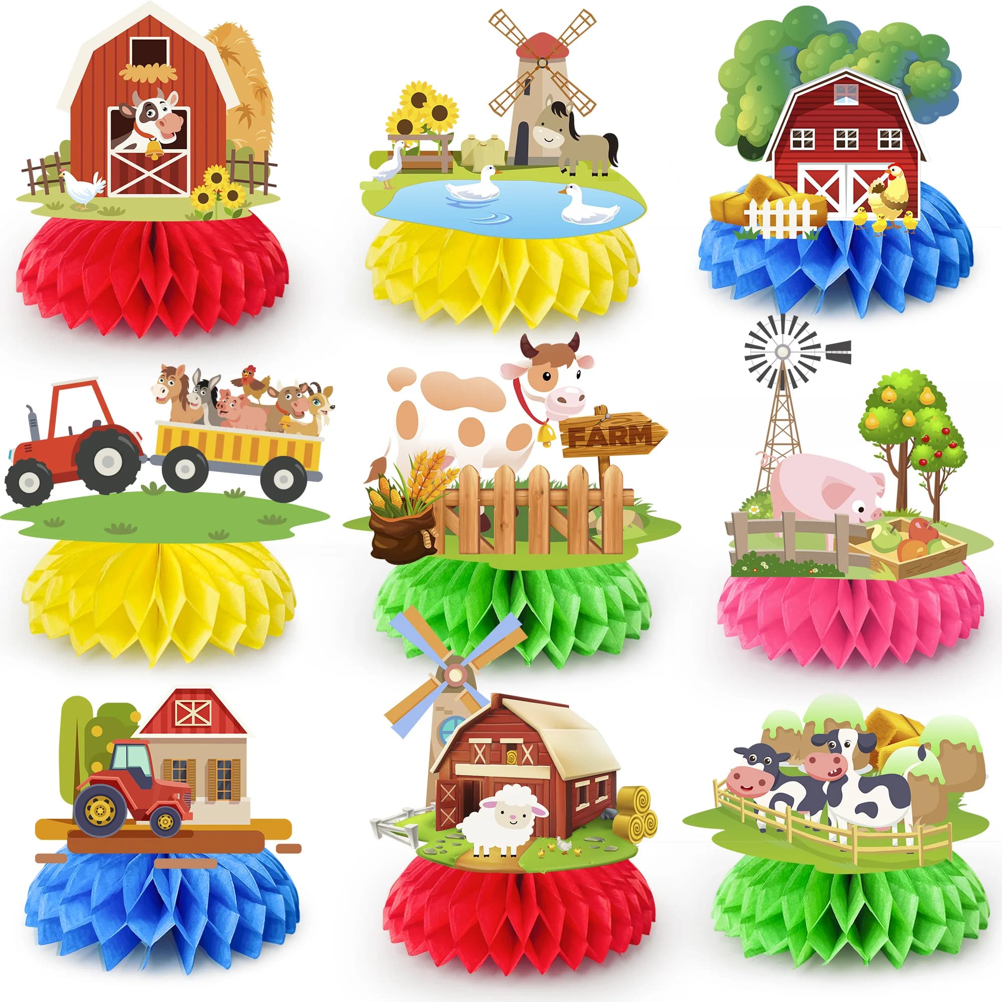 9 Pezzi Animali da Fattoria Centrotavola a Nido d'Ape Decorazioni per Feste in Fattoria Forniture per Tavolo Fienile Bomboniere per Compleanno Tavolo 3D