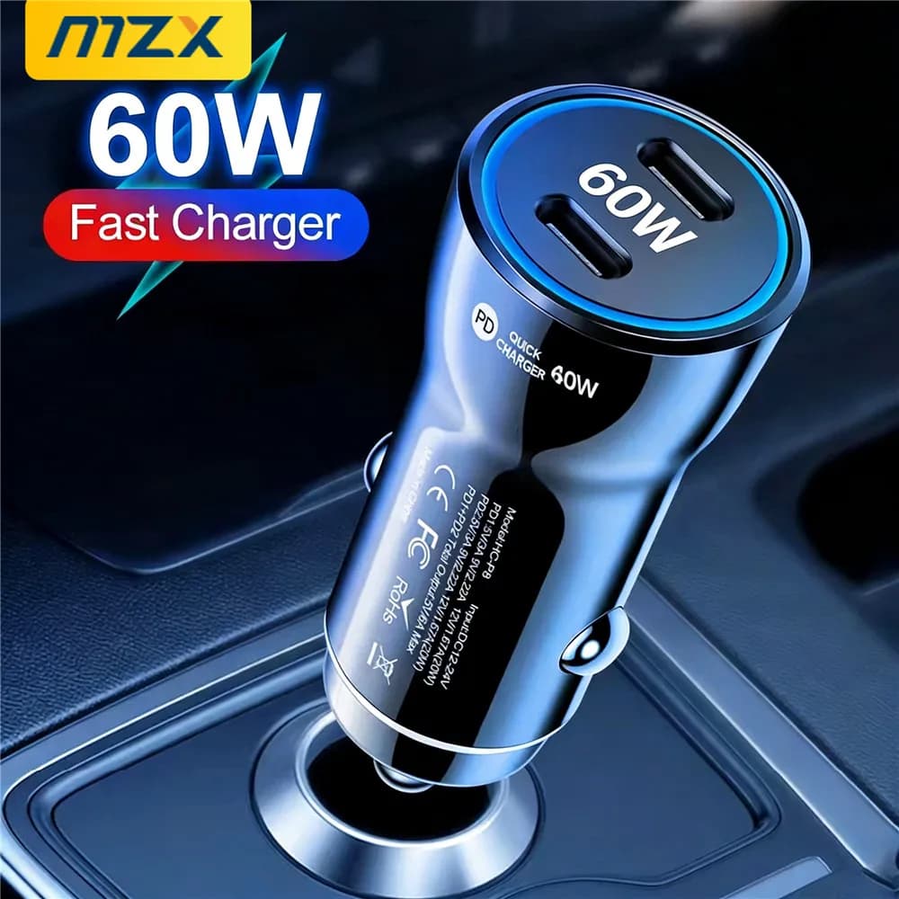 Caricabatterie da auto intelligente MZX 60W PD Type C con doppia porta USB A a ricarica rapida 12V, caricatore per accendisigari Ultra QC per cellulari.