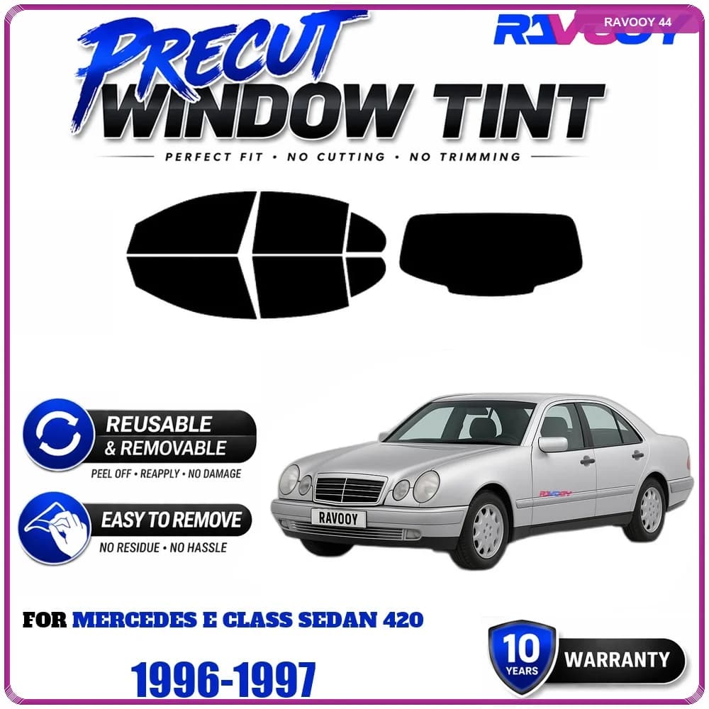 RAVOOY Precut Window Tint, Reusable Removable EPU Film, Custom Fit for Mercedes E Class Sedan 420 1996-1997, UV Heat Protection