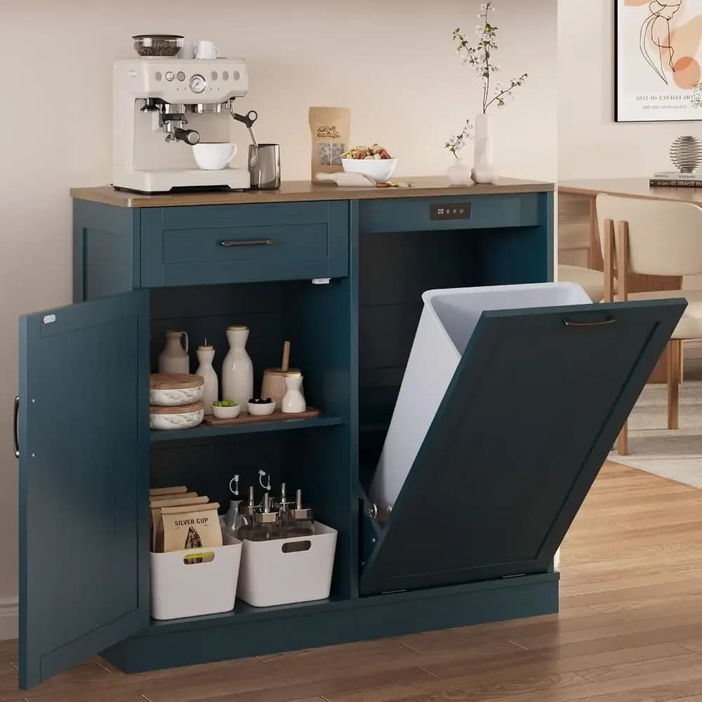 Mobiletto Estraibile per Rifiuti, Contenitore per Rifiuti da Isola Cucina, Mobiletto Porta Pattumiera, Contenitore per Rifiuti in Legno, Pattumiera Blu Anti-Cane da 10 Galloni