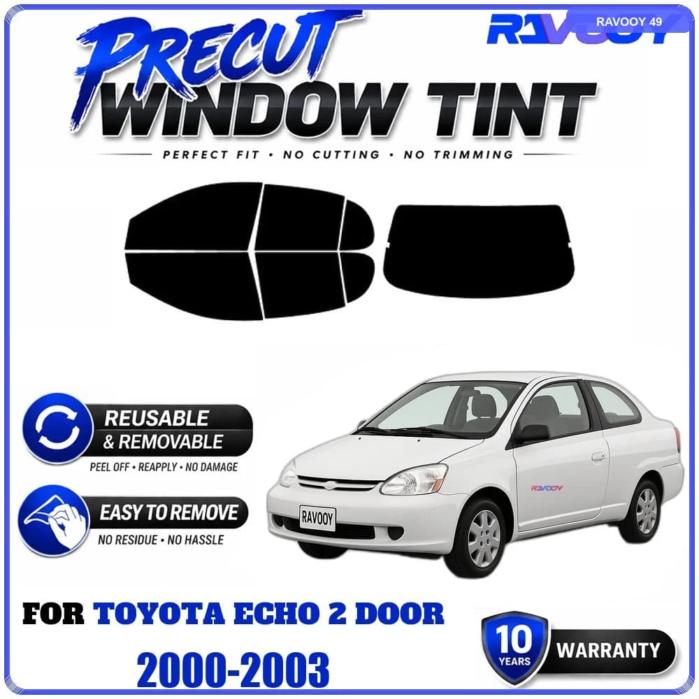 RAVOOY Precut Window Tint, Reusable Removable EPU Film, Custom Fit for Toyota Echo 2 Door 2000-2003, UV Heat Protection