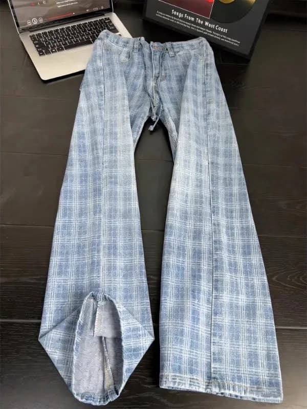 Jeans da Uomo Blu a Quadri Americani a Gamba Larga, Pantaloni da Lavoro Slim Fit Dritti alla Moda Primaverili, Jeans Casual in Denim di Tendenza Giovanile
