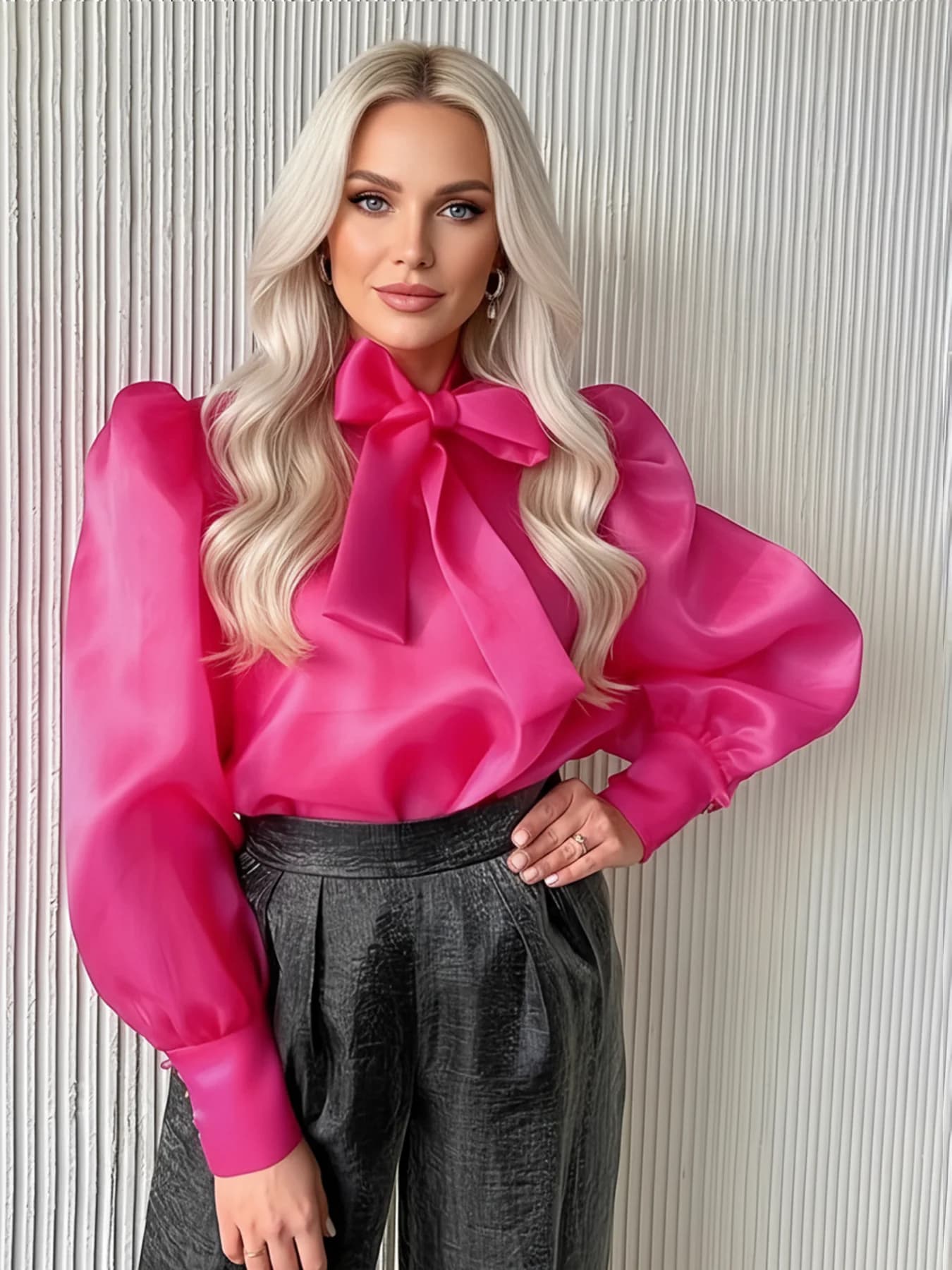 Camicetta Trasparente da Donna Taglie Forti con Fiocco Allacciato sul Collo, Maniche Lunghe a Sbuffo, Elegante per Ufficio e Streetwear Primaverile