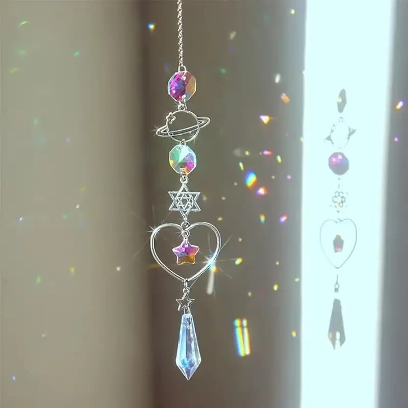 1pc Crystal Moon & Solar Wind Chimes with Diamond Prism Pendant - Rainbow Dreamcatcher Home & Garden Decor
